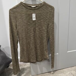 Free People Green Ribbed Long Sleeve Blouse